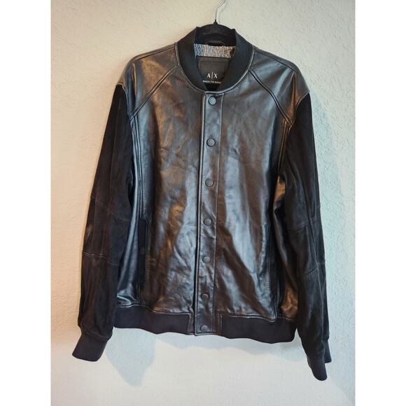 Armani Exchange Men’s Black Leather Bomber Jacket XXL Suede Sleeves Snap Button - Picture 1 of 16